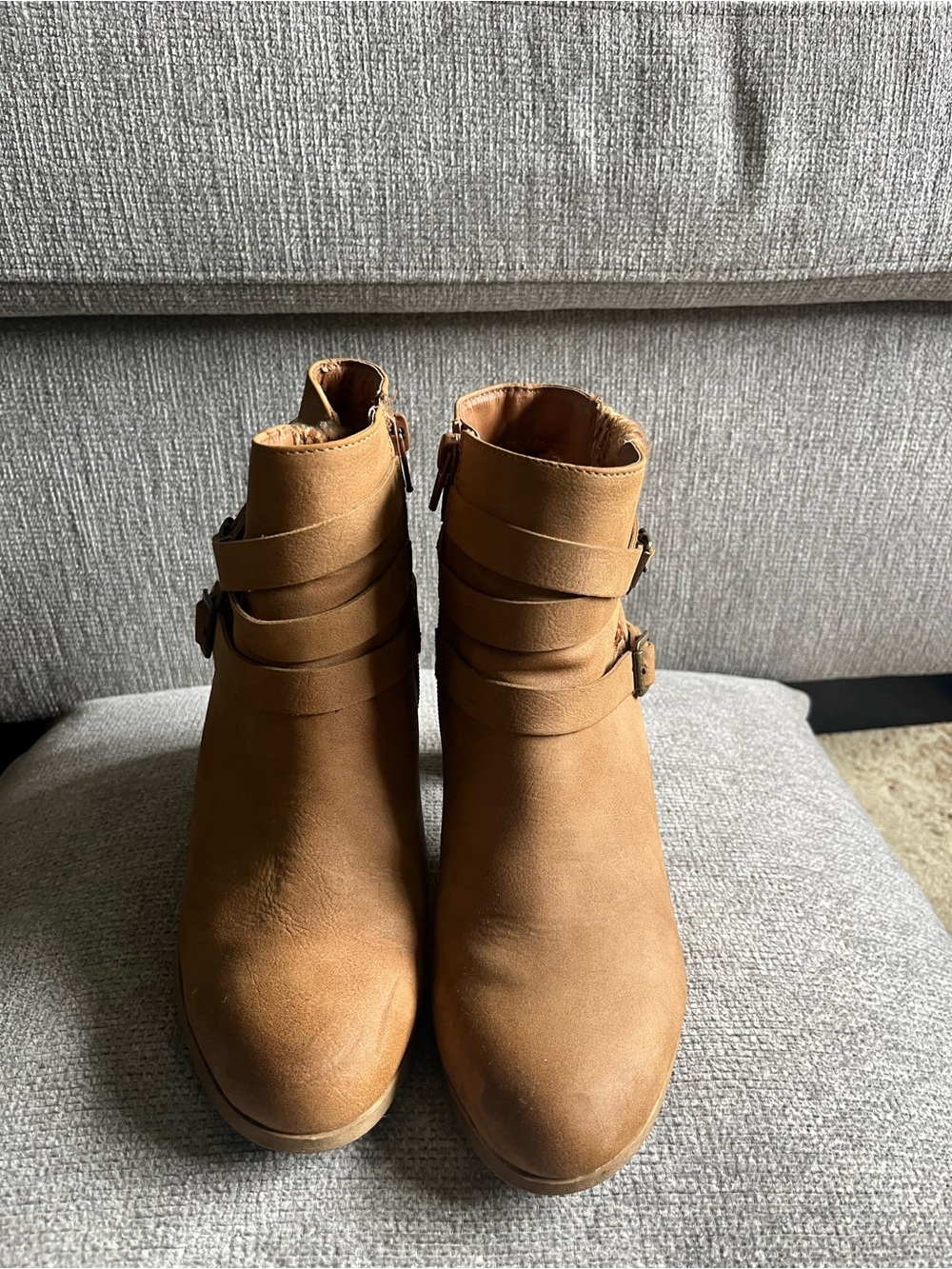 me too Tan Suede-Strap Ankle Booties